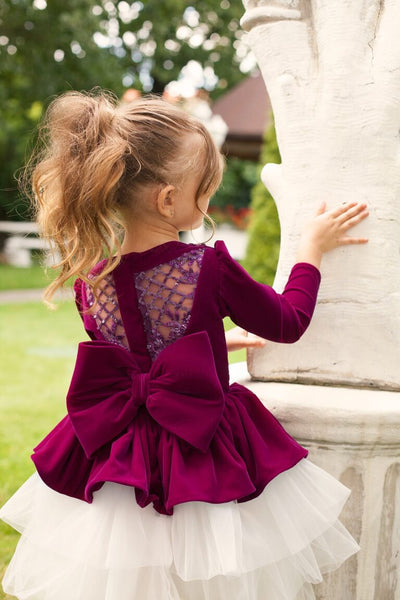 Deep Purple Velvet Plus Size Toddler Girl’s Dress – Nancy Long Sleeve Party Gown with White Ruffle Skirt and Beaded Collar for Special Occasions - WonderlandByLilian