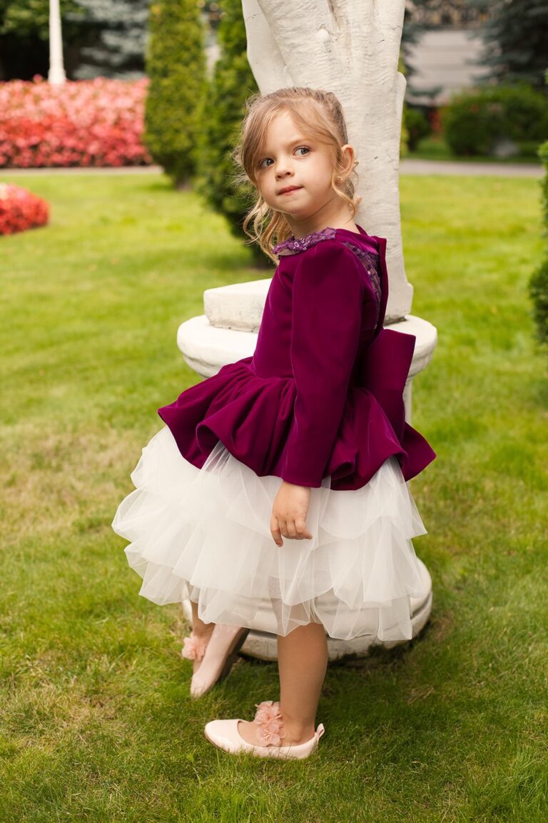 Deep Purple Velvet Plus Size Toddler Girl’s Dress – Nancy Long Sleeve Party Gown with White Ruffle Skirt and Beaded Collar for Special Occasions - WonderlandByLilian