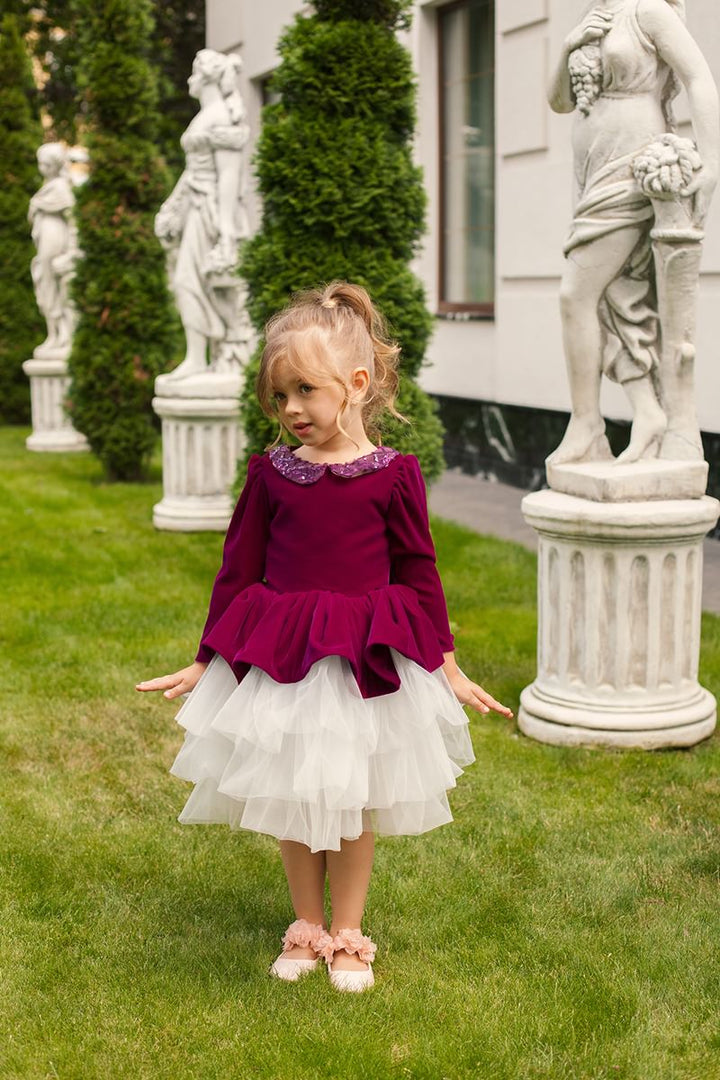 Deep Purple Velvet Plus Size Toddler Girl’s Dress – Nancy Long Sleeve Party Gown with White Ruffle Skirt and Beaded Collar for Special Occasions - WonderlandByLilian