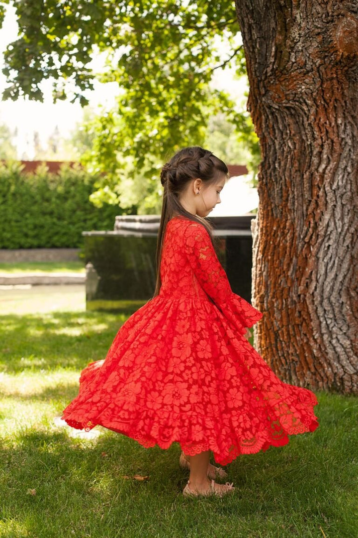 Deep Red Macramé Lace Plus Size Girl’s Dress – Merida Long Sleeve Floral Maxi Party Gown for Special Occasions - WonderlandByLilian