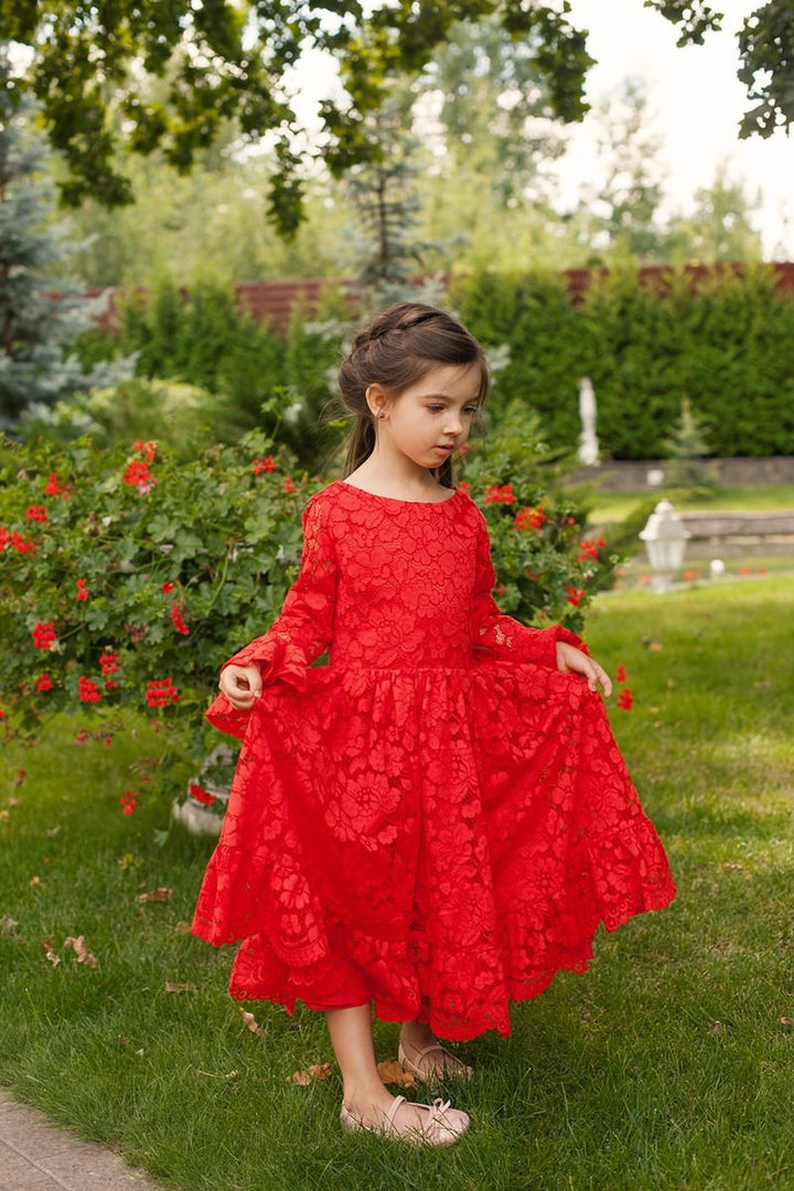 Deep Red Macramé Lace Plus Size Girl’s Dress – Merida Long Sleeve Floral Maxi Party Gown for Special Occasions - WonderlandByLilian