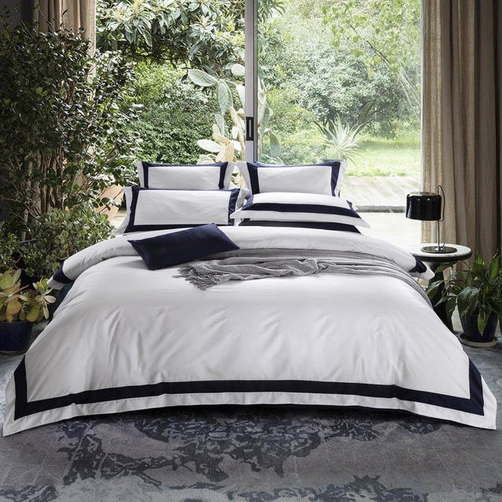 Degella Dark Blue Stripe Egyptian Cotton Luxury White Bedding Set - WonderlandByLilian