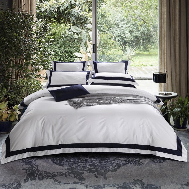 Degella Dark Blue Stripe Egyptian Cotton Luxury White Bedding Set - WonderlandByLilian