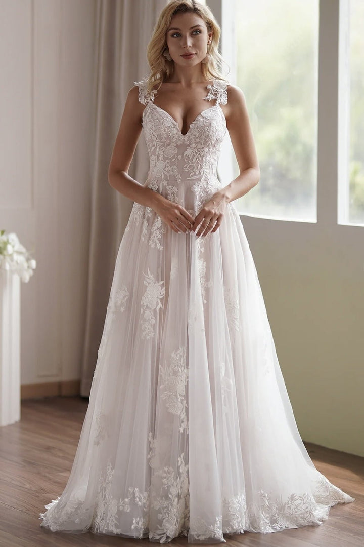 Delicate Shimmering Lace Embroidery A-Line Wedding Gown With Sweetheart Bodice - WonderlandByLilian