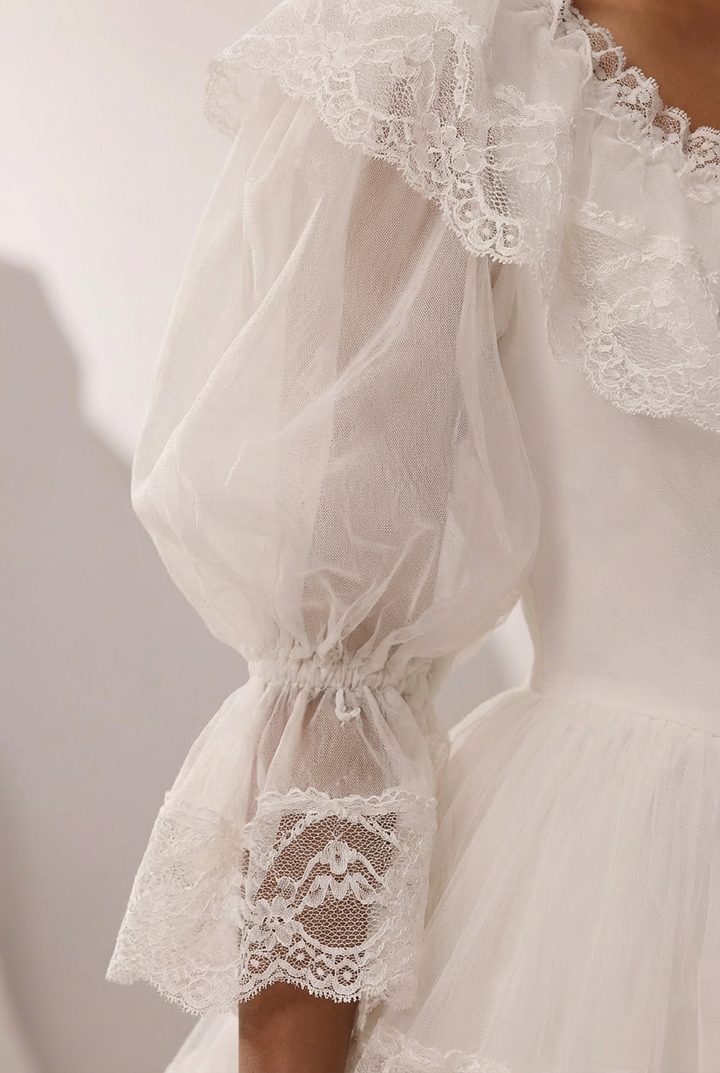 Lace Wedding Dress with Long Sleeves and Corset – Ruffle Layered Wedding Dress with Puff Sleeves Plus Size