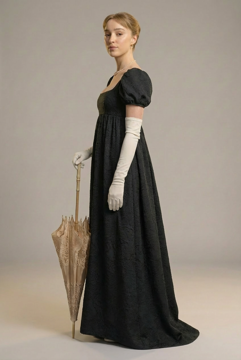 Classic Regency Era Black Lace Dress - Empire Waist Ball Gown Plus Size