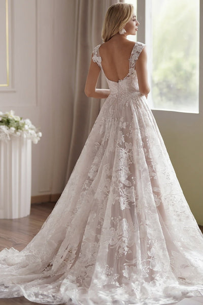 Dreamy Floral A-Line Lace Embroidery Off The Shoulder Straps Wedding Dress With Lace - WonderlandByLilian