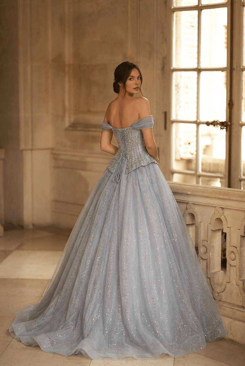 Dusty Blue Glitter Corset Ball Gown with Draped Off Shoulder Sleeves Romantic Princess Evening Dress Ethereal Couture Formal Gown Plus Size Size 4