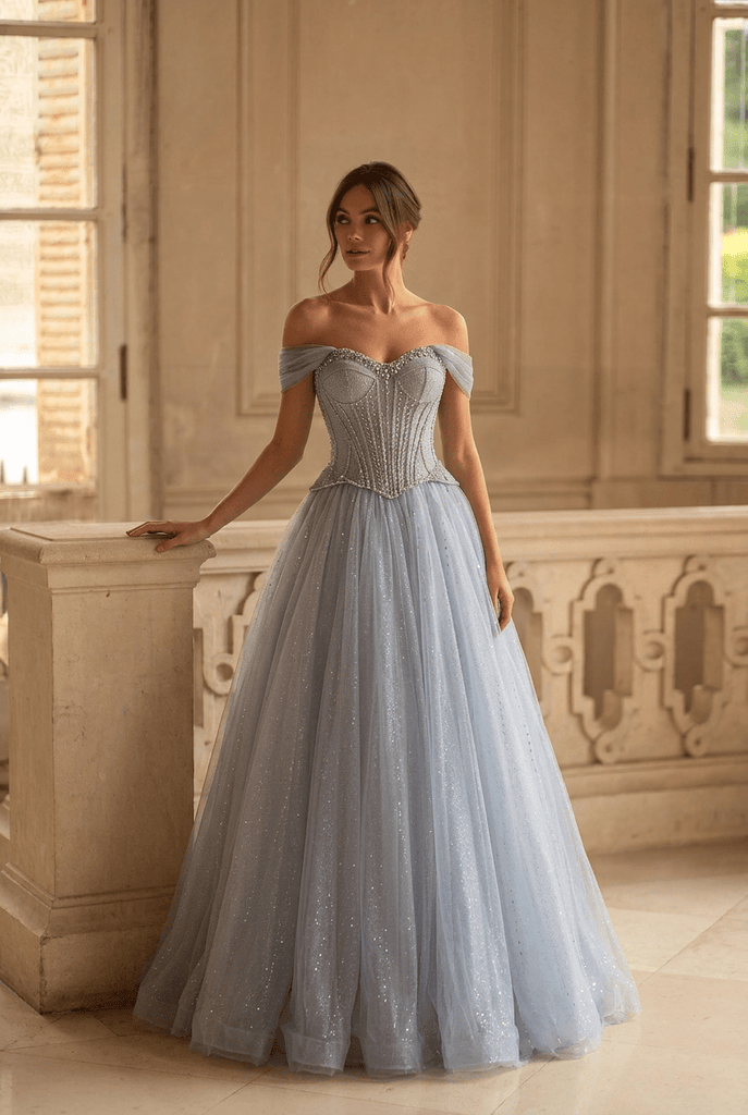 Dusty Blue Glitter Corset Ball Gown with Draped Off Shoulder Sleeves Romantic Princess Evening Dress Ethereal Couture Formal Gown Plus Size Size 22W
