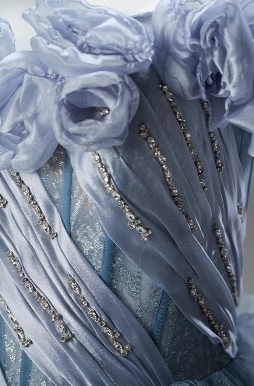 Dusty Blue Off - Shoulder Evening Gown with Floral Appliqué – Sequin Evening Dress with Tulle and Corset Back Plus Size - WonderlandByLilian