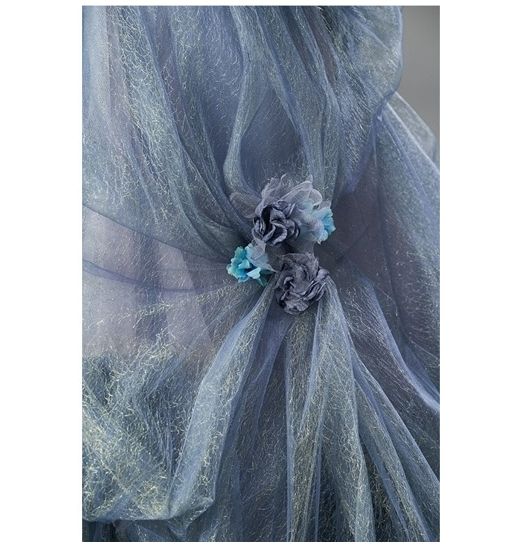 Dusty Blue Off - Shoulder Layered Tulle Ruffle Dress with Floral Appliqué – Floral Evening Dress with Corset Back Plus Size - WonderlandByLilian