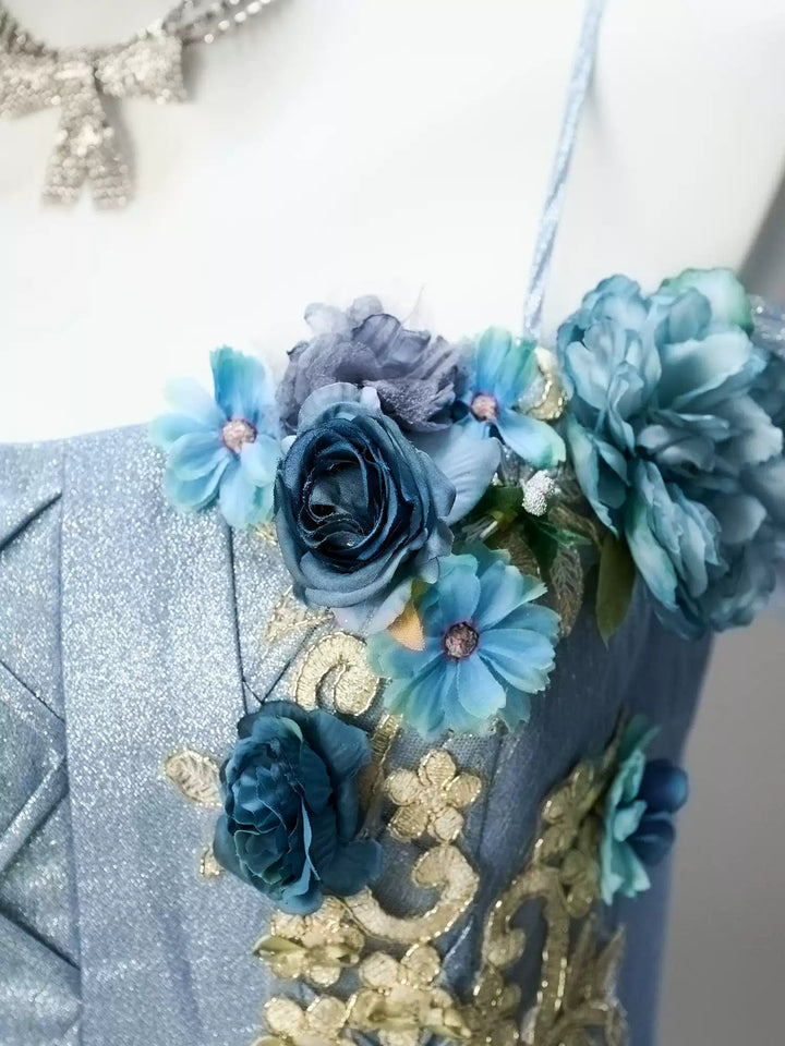 Dusty Blue Off - Shoulder Layered Tulle Ruffle Dress with Floral Appliqué – Floral Evening Dress with Corset Back Plus Size - WonderlandByLilian