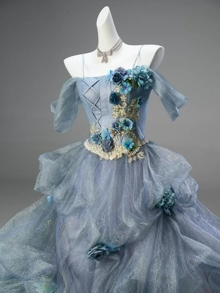 Dusty Blue Off - Shoulder Layered Tulle Ruffle Dress with Floral Appliqué – Floral Evening Dress with Corset Back Plus Size - WonderlandByLilian