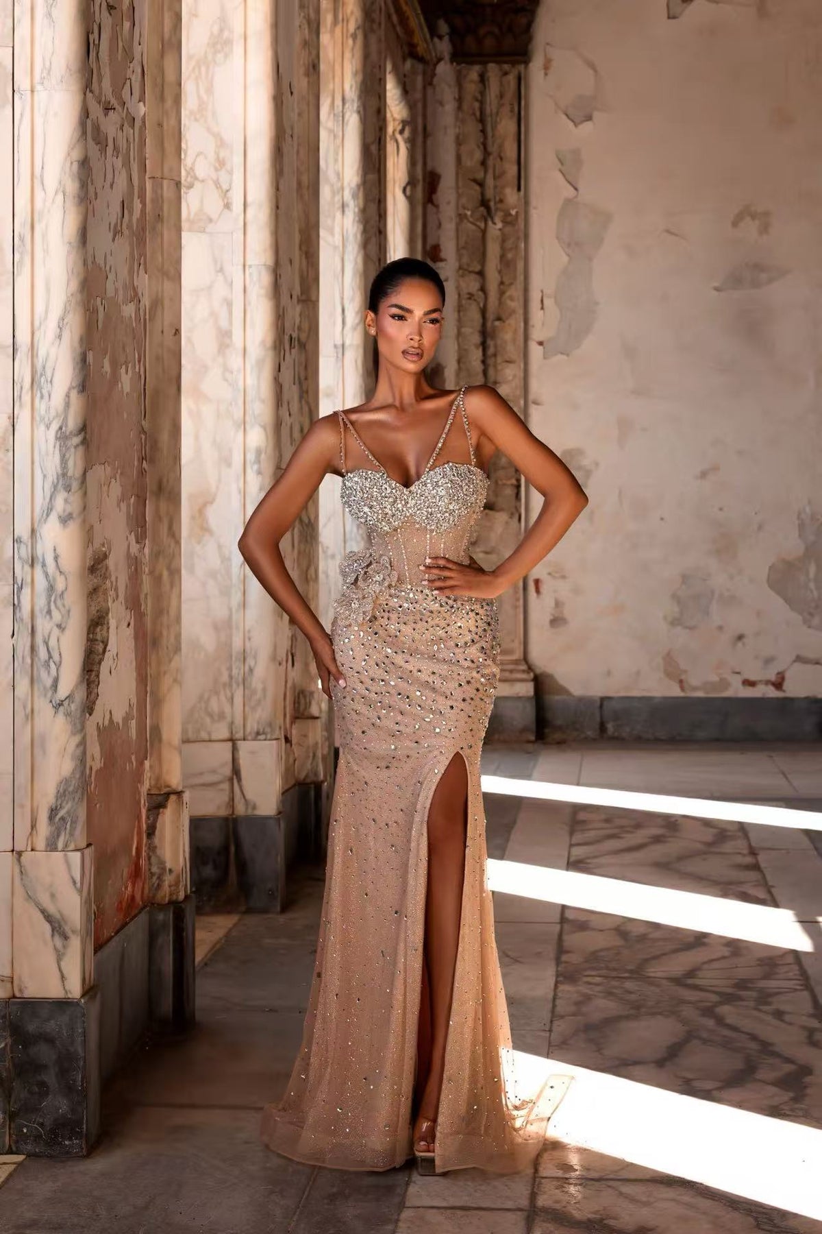 Champagne Sequin Ball Gown with Pearl Corset and Slit – Glitter Maxi Dress with Spaghetti Strap Plus Size Size 14 / Champagne