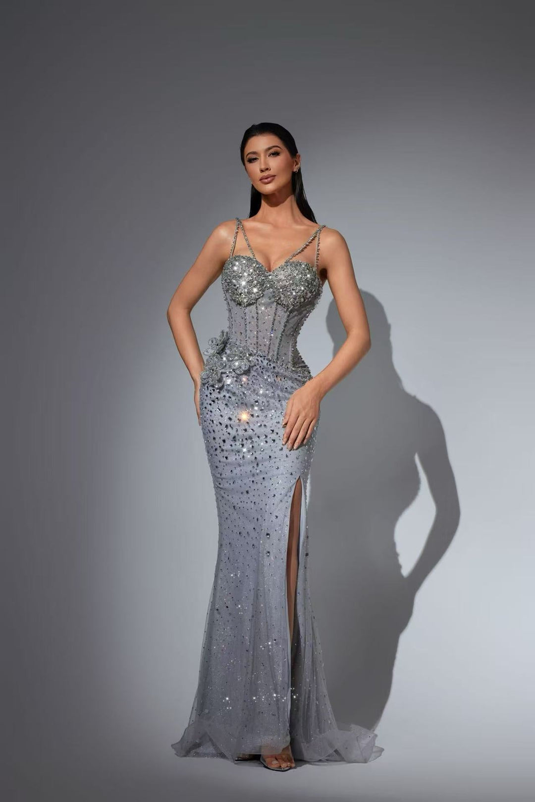 Dusty Blue Sequin Ball Gown with Pearl Corset and Slit – Glitter Maxi Dress with Spaghetti Strap Plus Size Size 4 / Blue