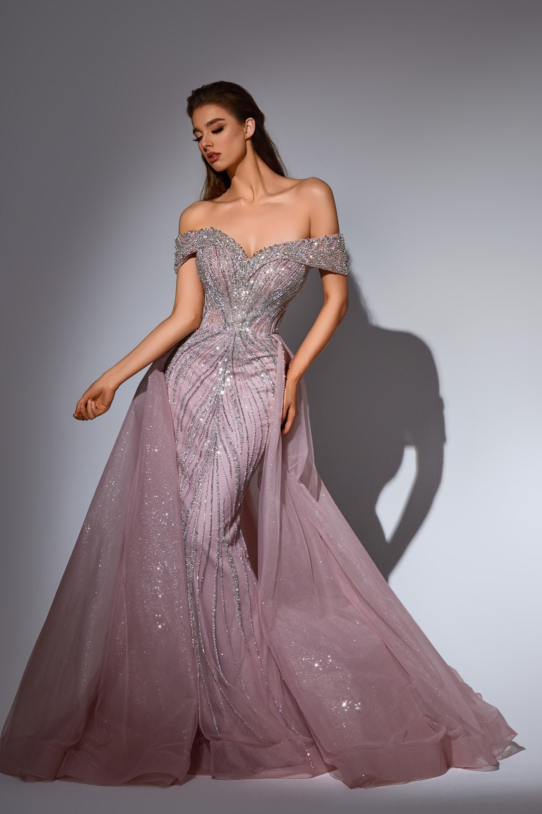 Dusty Blue Sequin Dress with Off Shoulder Bodice and Overskirt – Sequin Ball Gown Plus Size - WonderlandByLilian