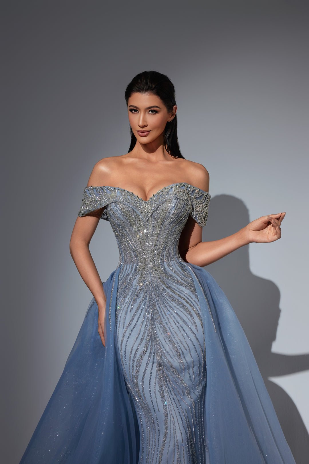 Dusty Blue Sequin Dress with Off Shoulder Bodice and Overskirt – Sequin Ball Gown Plus Size - WonderlandByLilian