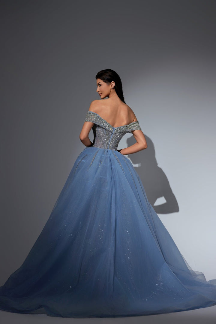 Dusty Blue Sequin Dress with Off Shoulder Bodice and Overskirt – Sequin Ball Gown Plus Size - WonderlandByLilian