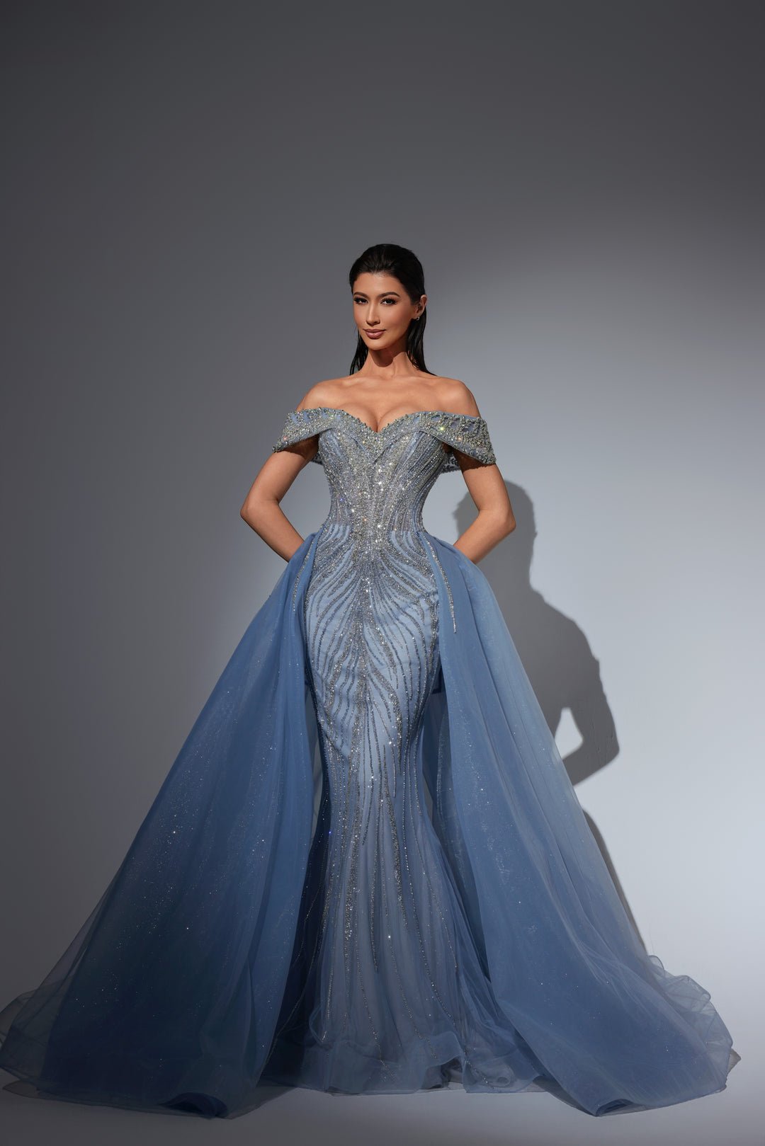 Dusty Blue Sequin Dress with Off Shoulder Bodice and Overskirt – Sequin Ball Gown Plus Size - WonderlandByLilian