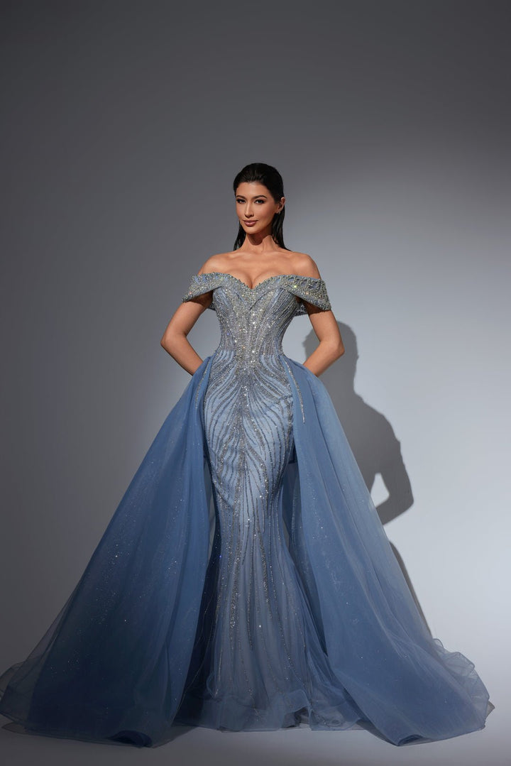 Dusty Blue Sequin Dress with Off Shoulder Bodice and Overskirt – Sequin Ball Gown Plus Size - WonderlandByLilian