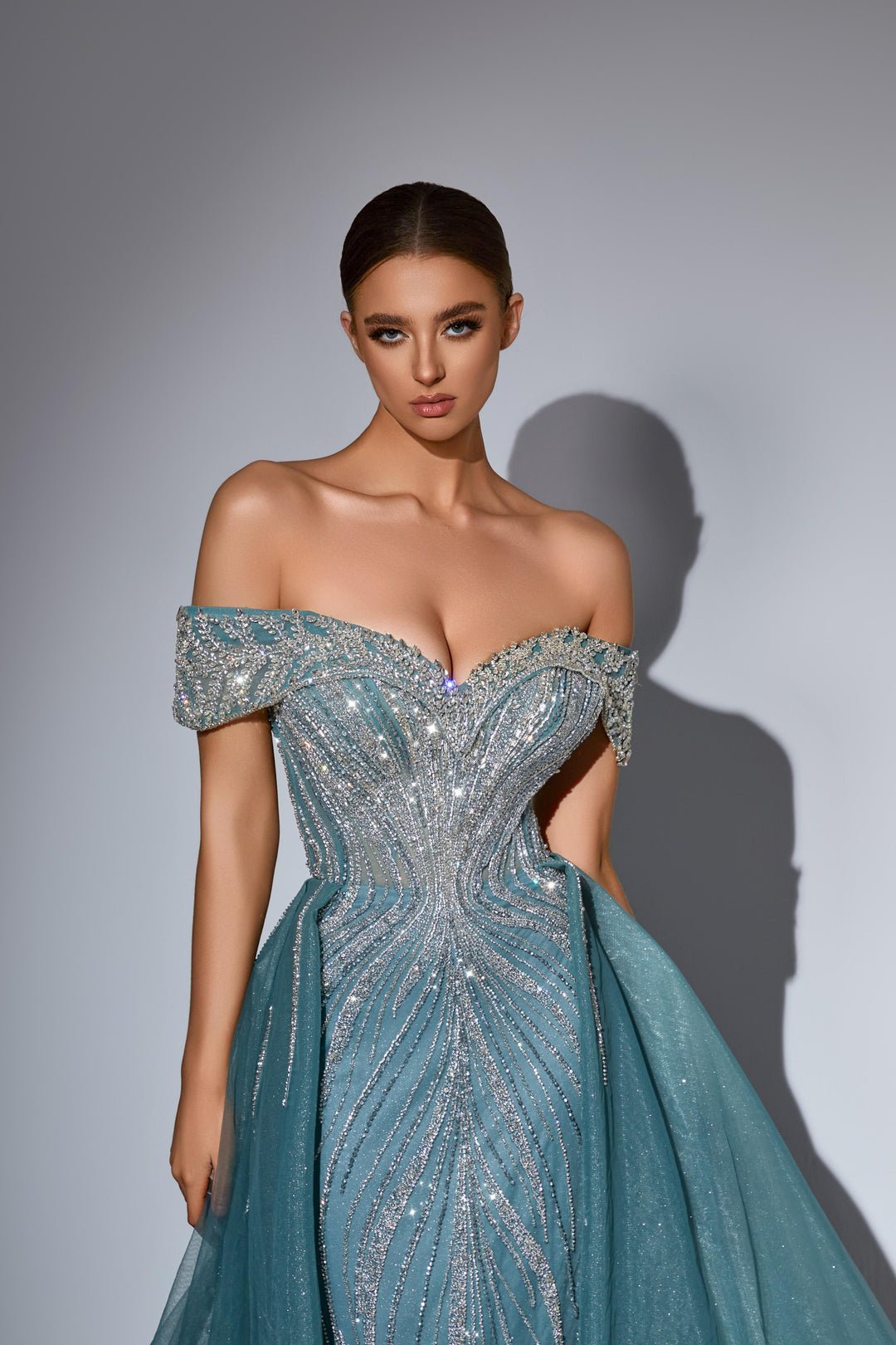 Dusty Blue Sequin Dress with Off Shoulder Bodice and Overskirt – Sequin Ball Gown Plus Size - WonderlandByLilian