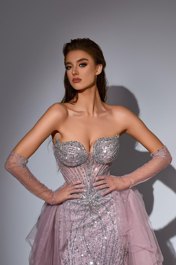 Dusty Blue Sequin Dress with Strapless Bodice and Overskirt – Strapless Glitter Dress with Tulle Plus Size - WonderlandByLilian