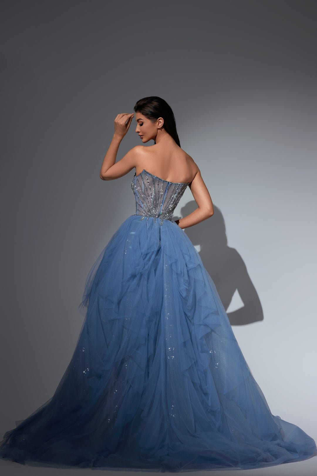 Dusty Blue Sequin Dress with Strapless Bodice and Overskirt – Strapless Glitter Dress with Tulle Plus Size - WonderlandByLilian