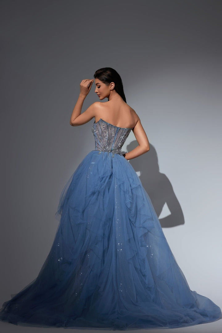 Dusty Blue Sequin Dress with Strapless Bodice and Overskirt – Strapless Glitter Dress with Tulle Plus Size - WonderlandByLilian