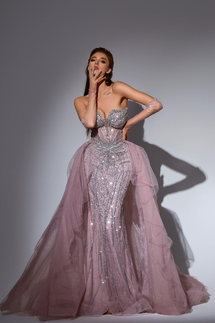 Dusty Blue Sequin Dress with Strapless Bodice and Overskirt – Strapless Glitter Dress with Tulle Plus Size - WonderlandByLilian