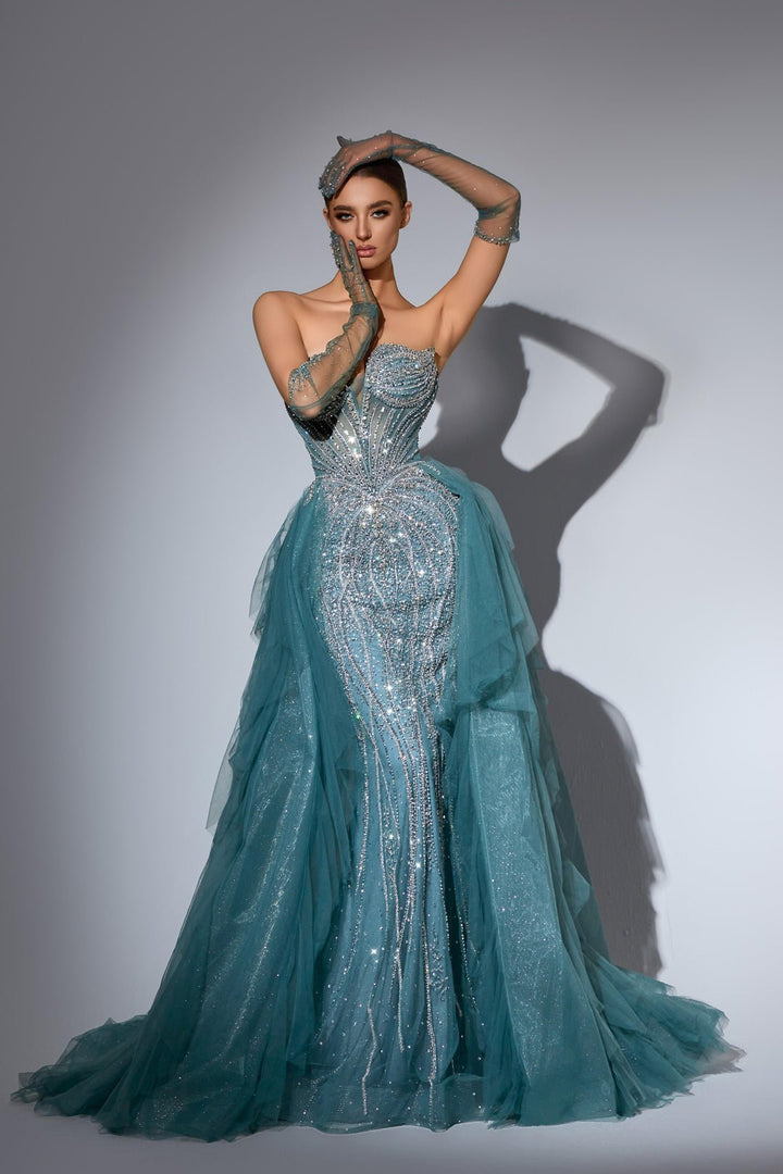 Dusty Blue Sequin Dress with Strapless Bodice and Overskirt – Strapless Glitter Dress with Tulle Plus Size - WonderlandByLilian
