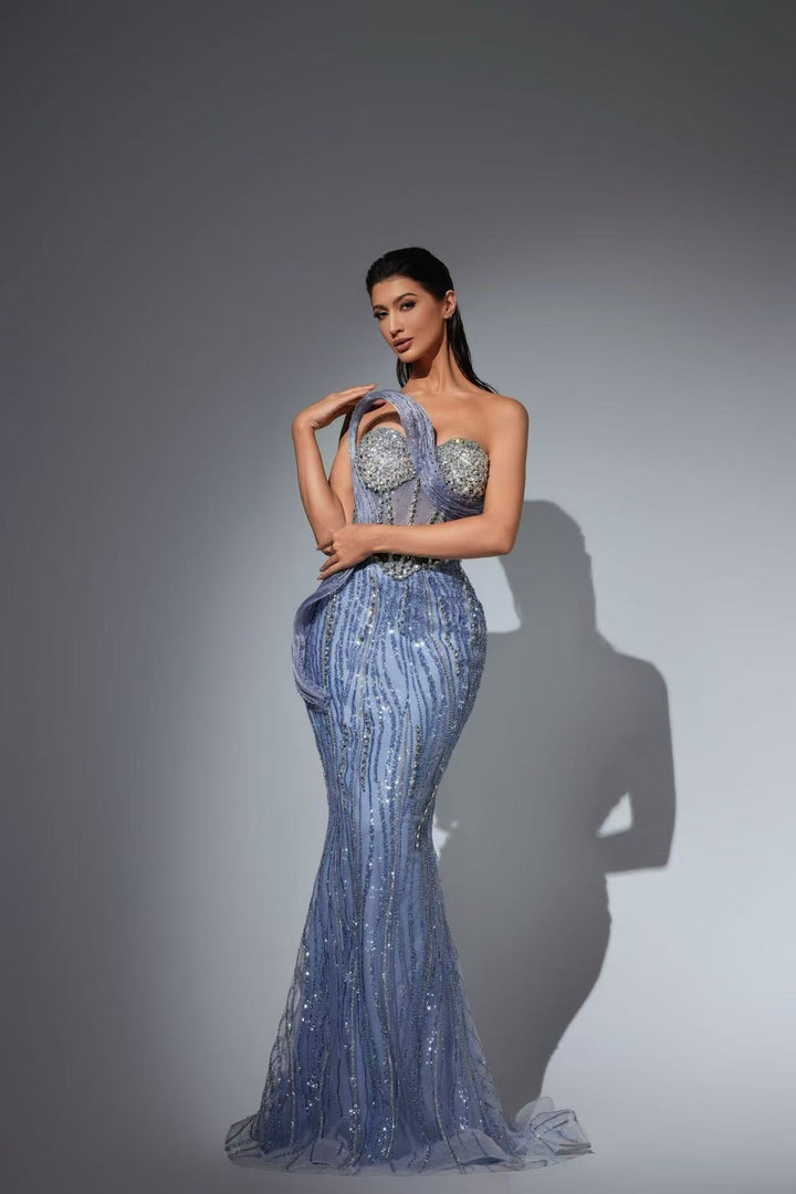 Dusty Blue Sequin Gown with Asymmetric Corset Bodice – Illusion Formal Dress Plus Size - WonderlandByLilian