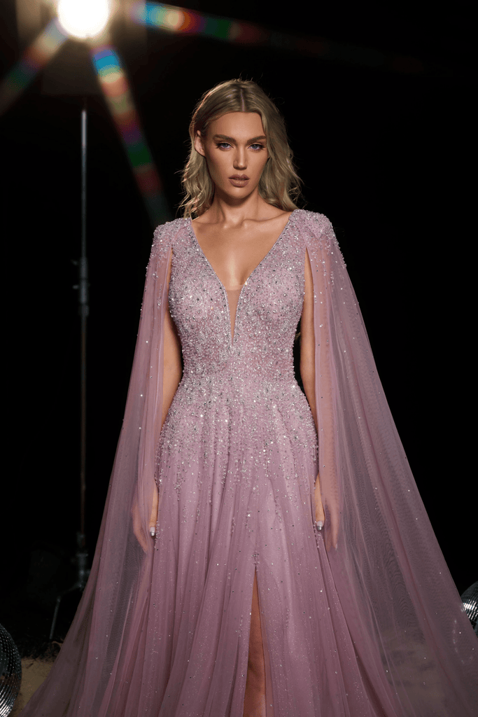 Dusty Pink Designer Sequin Gown with Cape Sleeves - Sparkly Maxi Dress with V-Neckline