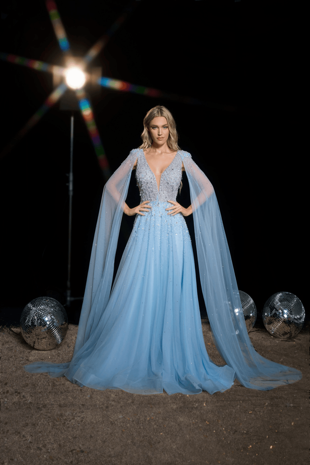 elegant maxi dress with sleeves Sky Blue Designer Sequin Gown with Cape Sleeves - Sparkly Maxi Dress with V-Neckline