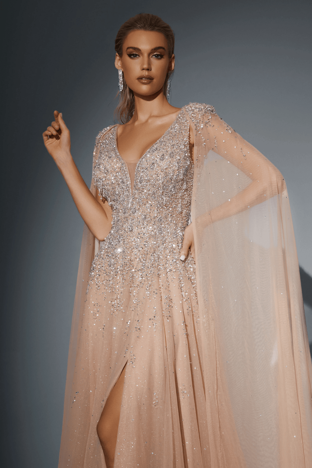Dusty Pink Designer Sequin Gown with Cape Sleeves - Sparkly Maxi Dress with V - Neckline - Elegant Embellished Gown Plus Size - WonderlandByLilian