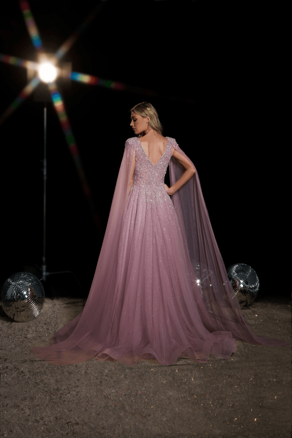 Dusty Pink Designer Sequin Gown with Cape Sleeves - Sparkly Maxi Dress with V - Neckline - Elegant Embellished Gown Plus Size - WonderlandByLilian