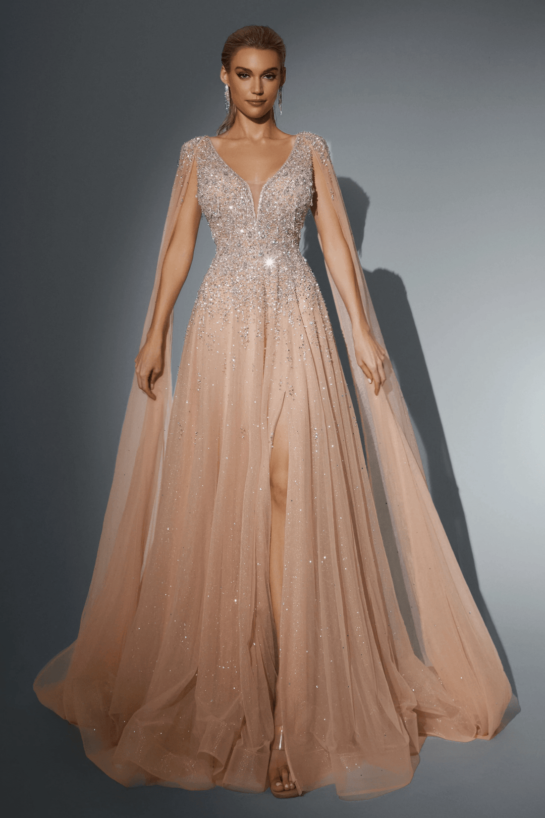 Dusty Pink Designer Sequin Gown with Cape Sleeves - Sparkly Maxi Dress with V - Neckline - Elegant Embellished Gown Plus Size - WonderlandByLilian