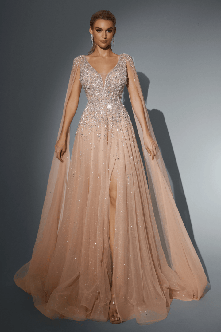 Dusty Pink Designer Sequin Gown with Cape Sleeves - Sparkly Maxi Dress with V - Neckline - Elegant Embellished Gown Plus Size - WonderlandByLilian