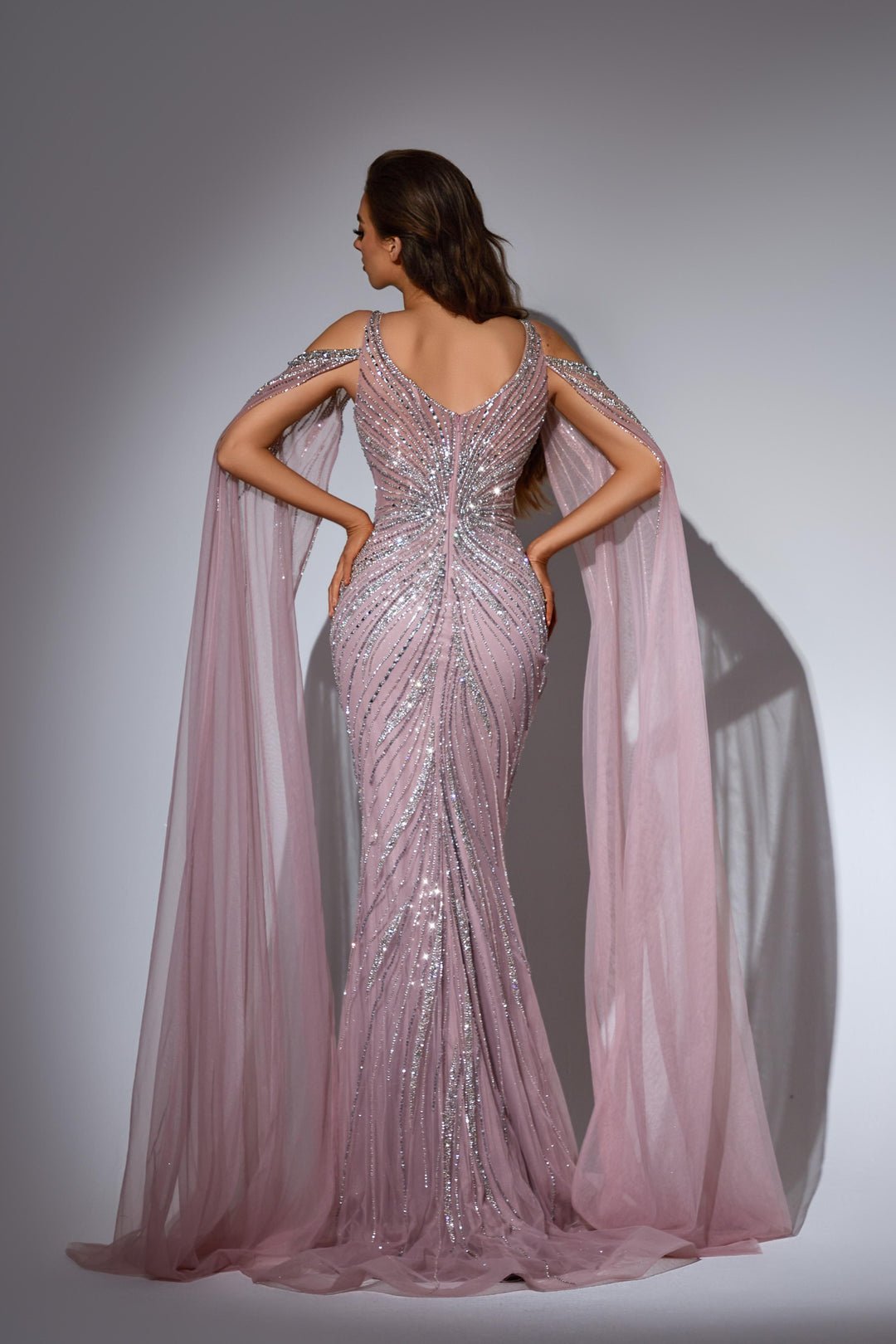 Dusty Pink Embellished Gown with Beaded Bodice and Cape – Glitter Maxi Dress Plus Size - WonderlandByLilian