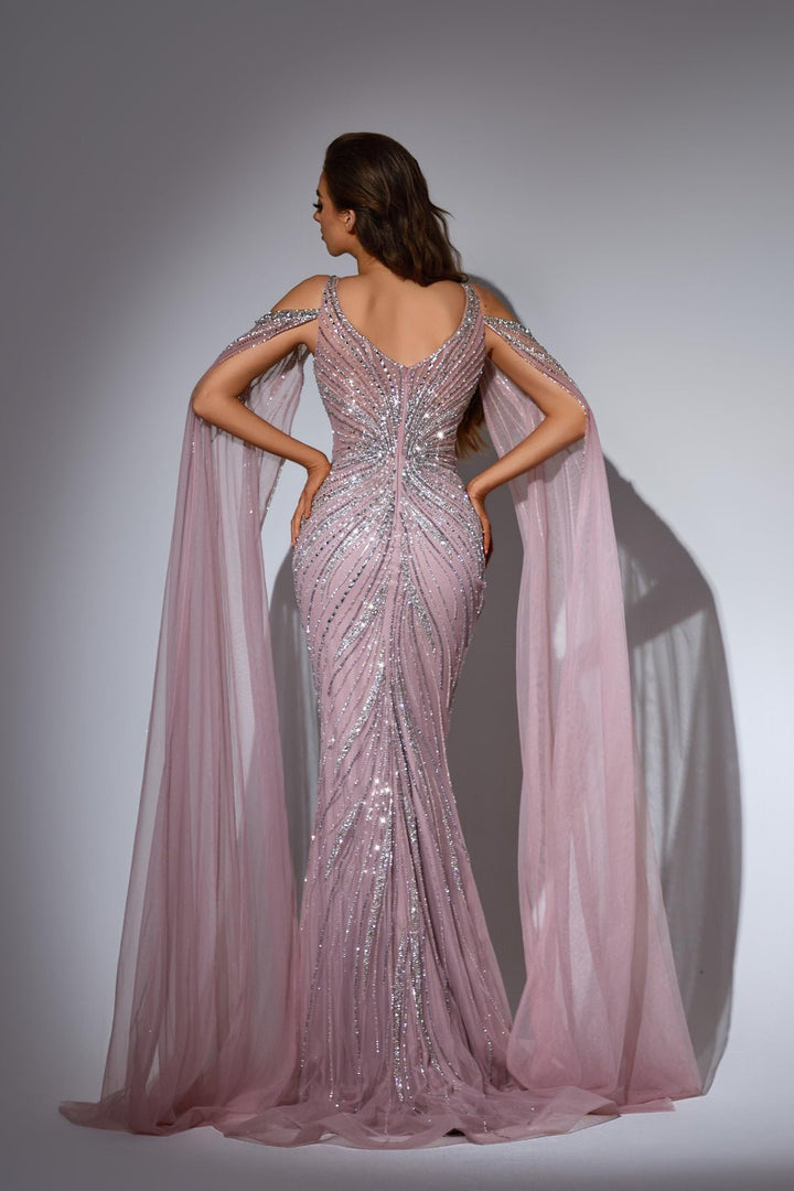 Dusty Pink Embellished Gown with Beaded Bodice and Cape – Glitter Maxi Dress Plus Size - WonderlandByLilian