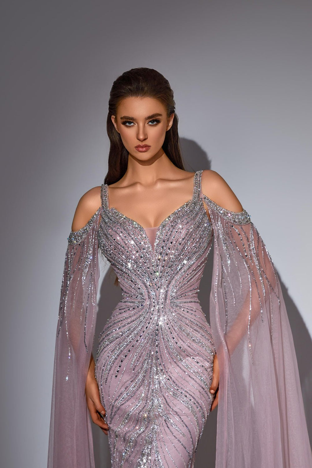 Dusty Pink Embellished Gown with Beaded Bodice and Cape – Glitter Maxi Dress Plus Size - WonderlandByLilian