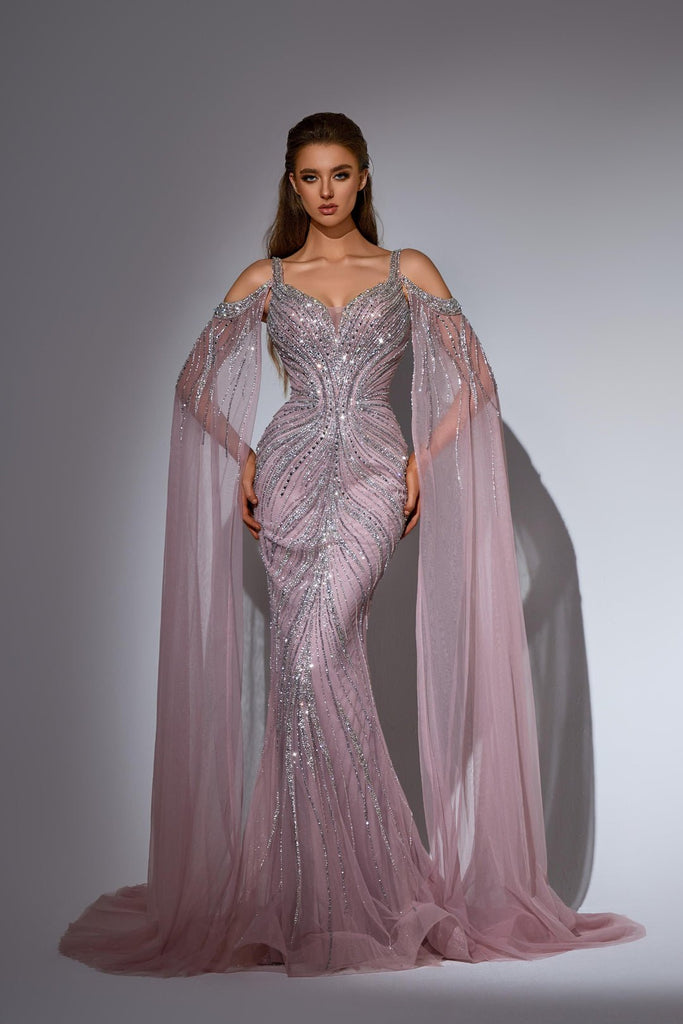 Dusty Pink Embellished Gown with Beaded Bodice and Cape – Glitter Maxi Dress Plus Size Size 20W / Pink