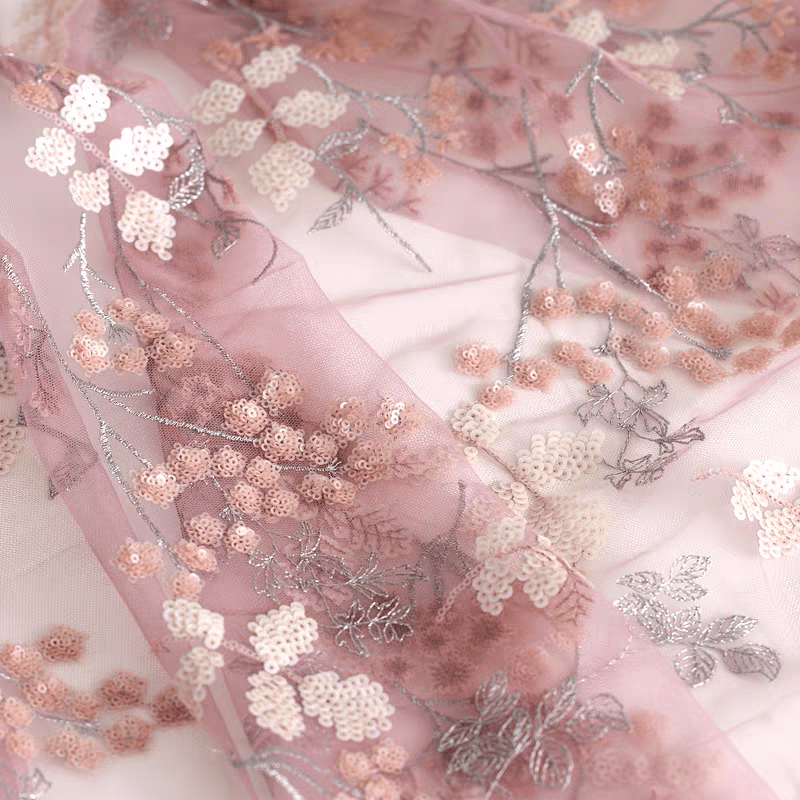 Dusty Pink Embroidered Floral Sequin Tulle Fabric - WonderlandByLilian