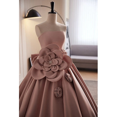 Dusty Pink Evening Dress with Bow - Satin Ball Gown with Floral Embellishments Plus Size - WonderlandByLilian