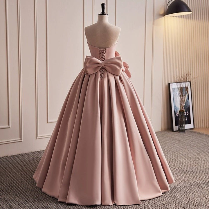 Dusty Pink Evening Dress with Bow - Satin Ball Gown with Floral Embellishments Plus Size - WonderlandByLilian