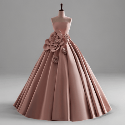 Dusty Pink Evening Dress with Bow - Satin Ball Gown with Floral Embellishments Plus Size - WonderlandByLilian