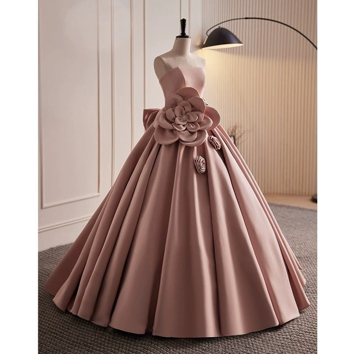 Dusty Pink Evening Dress with Bow - Satin Ball Gown with Floral Embellishments Plus Size - WonderlandByLilian