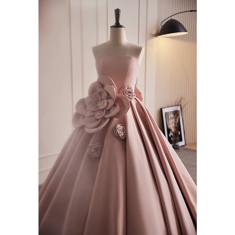 Dusty Pink Evening Dress with Bow - Satin Ball Gown with Floral Embellishments Plus Size - WonderlandByLilian