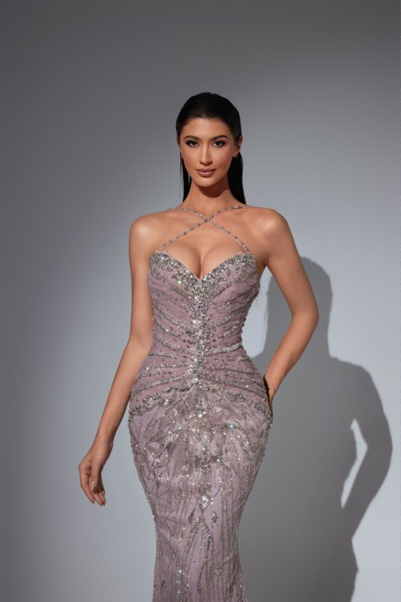 Dusty Pink Sequin and Feather Dress with Beaded Straps – Glitter Maxi Dress Plus Size - WonderlandByLilian
