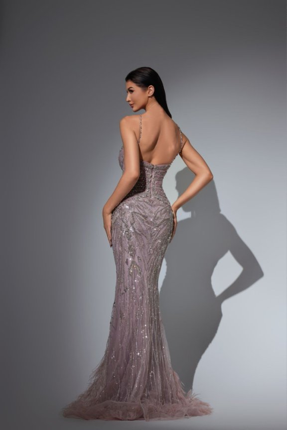 Dusty Pink Sequin and Feather Dress with Beaded Straps – Glitter Maxi Dress Plus Size - WonderlandByLilian