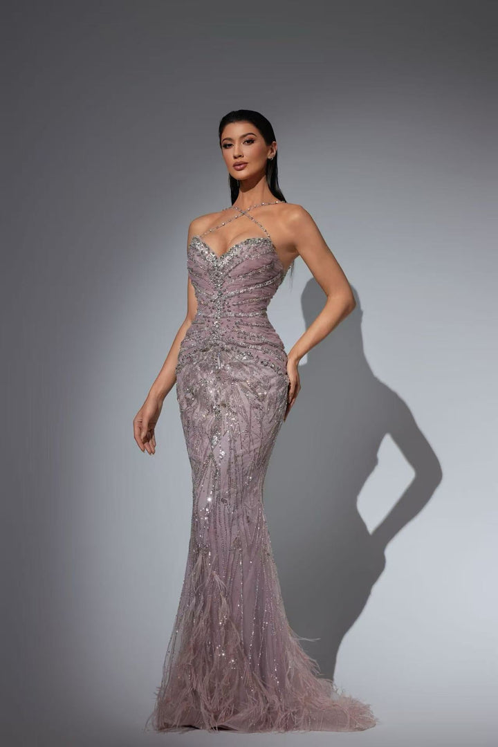 Dusty Pink Sequin and Feather Dress with Beaded Straps – Glitter Maxi Dress Plus Size - WonderlandByLilian